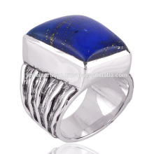 Lapislázuli piedras preciosas en color real con anillo de plata de ley 925 para él